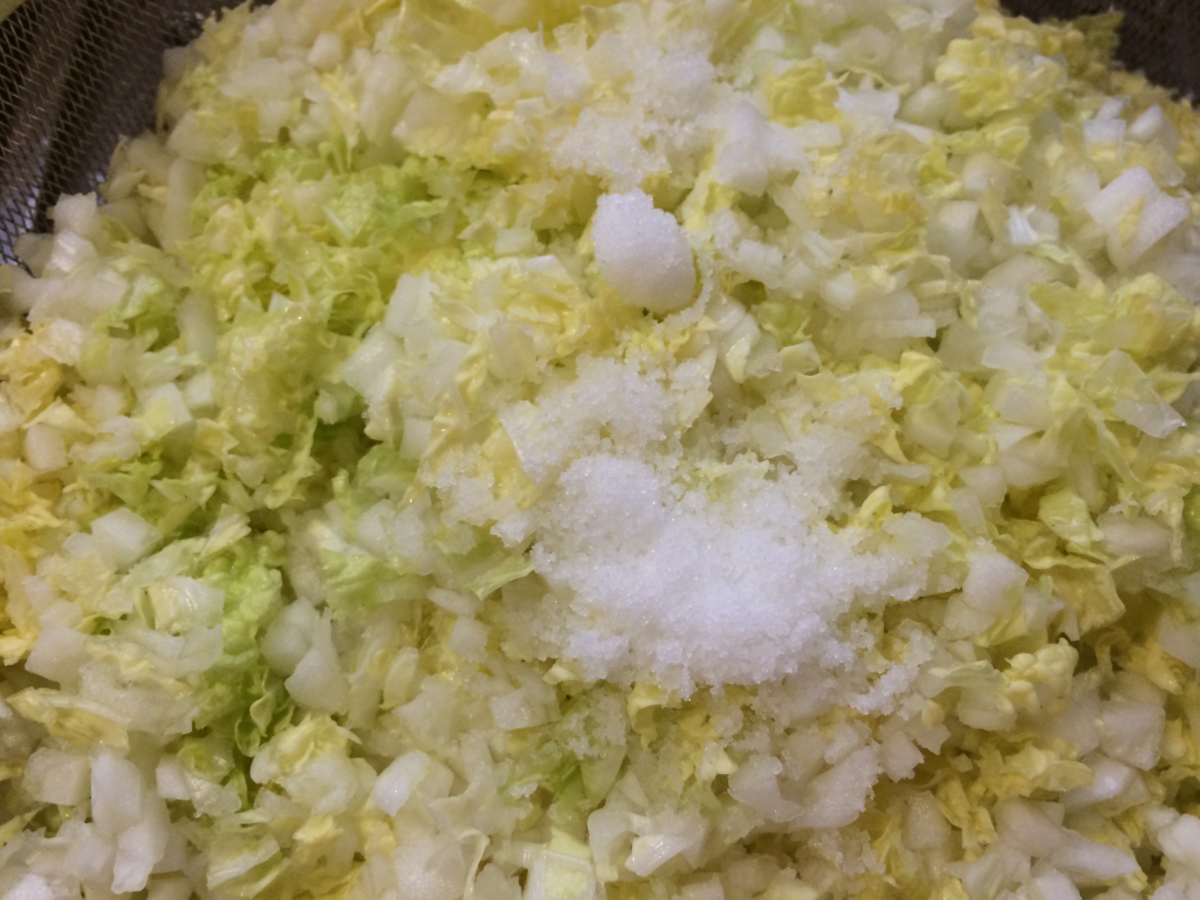 白菜のみじん切りは軽く塩をして、揉みます。